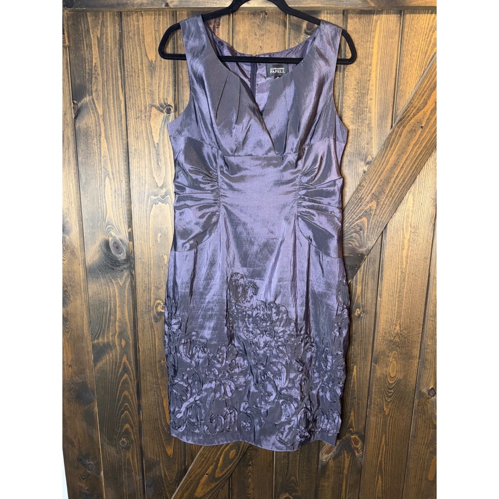Adrianna Papell Purple Rosette Sheath Dress Size 14 Sleeveless V-Neck Cocktail